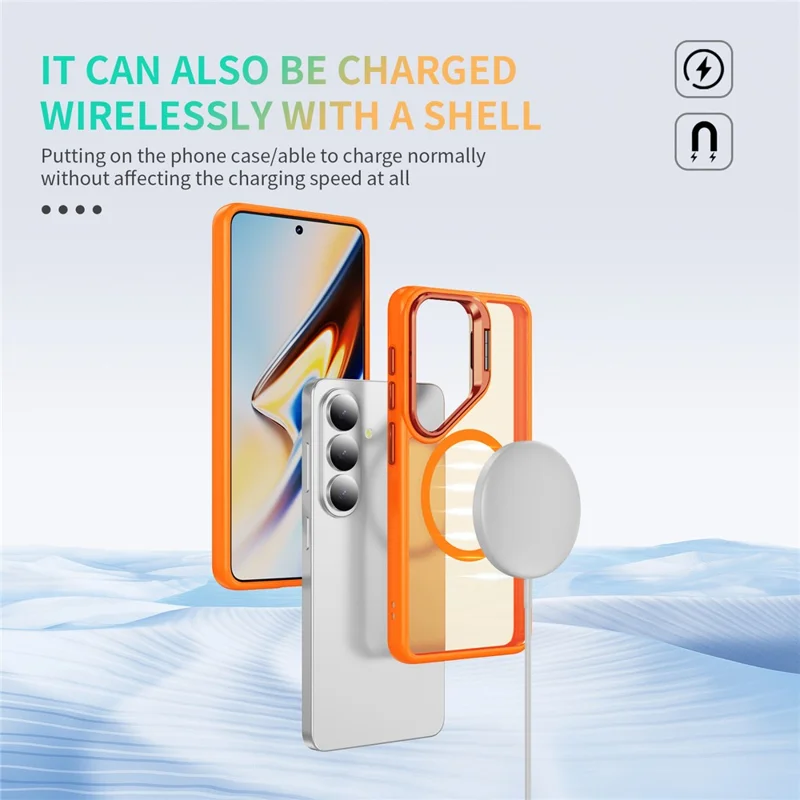 For Samsung Galaxy S26+ Magnetic Case with Lens Kickstand Skin-Touch PC + TPU Phone Cover - Orange