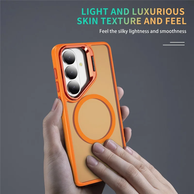 For Samsung Galaxy S26+ Magnetic Case with Lens Kickstand Skin-Touch PC + TPU Phone Cover - Orange