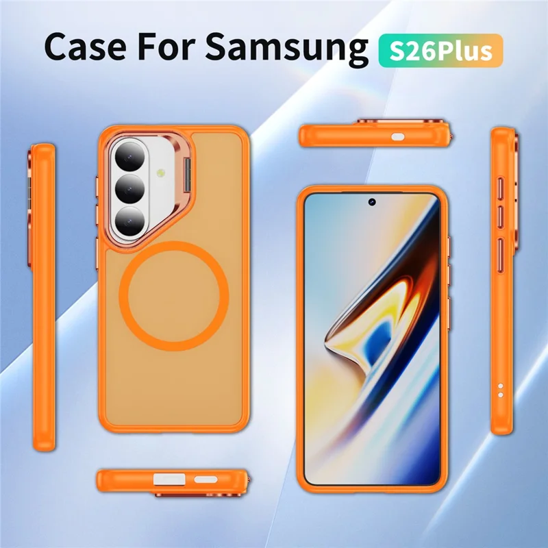 For Samsung Galaxy S26+ Magnetic Case with Lens Kickstand Skin-Touch PC + TPU Phone Cover - Orange