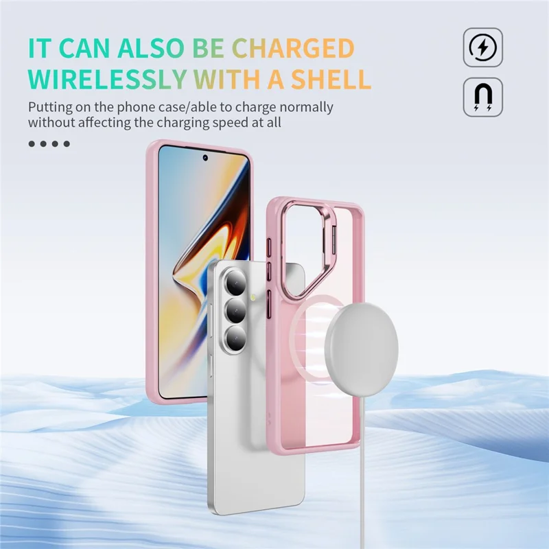 For Samsung Galaxy S26+ Magnetic Case with Lens Kickstand Skin-Touch PC + TPU Phone Cover - Transparent Pink