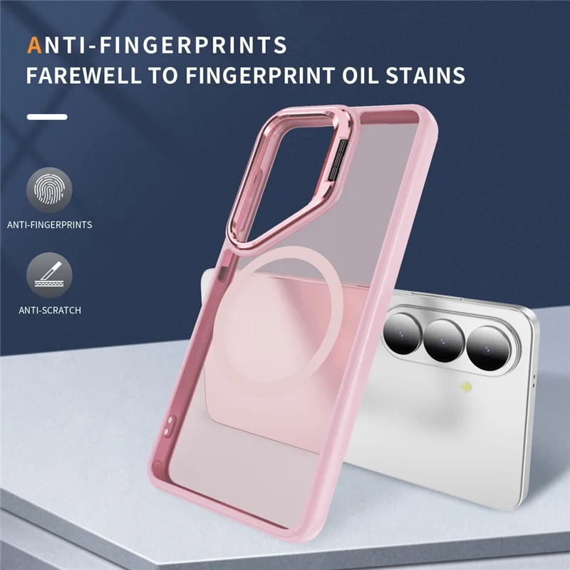 For Samsung Galaxy S26+ Magnetic Case with Lens Kickstand Skin-Touch PC + TPU Phone Cover - Transparent Pink