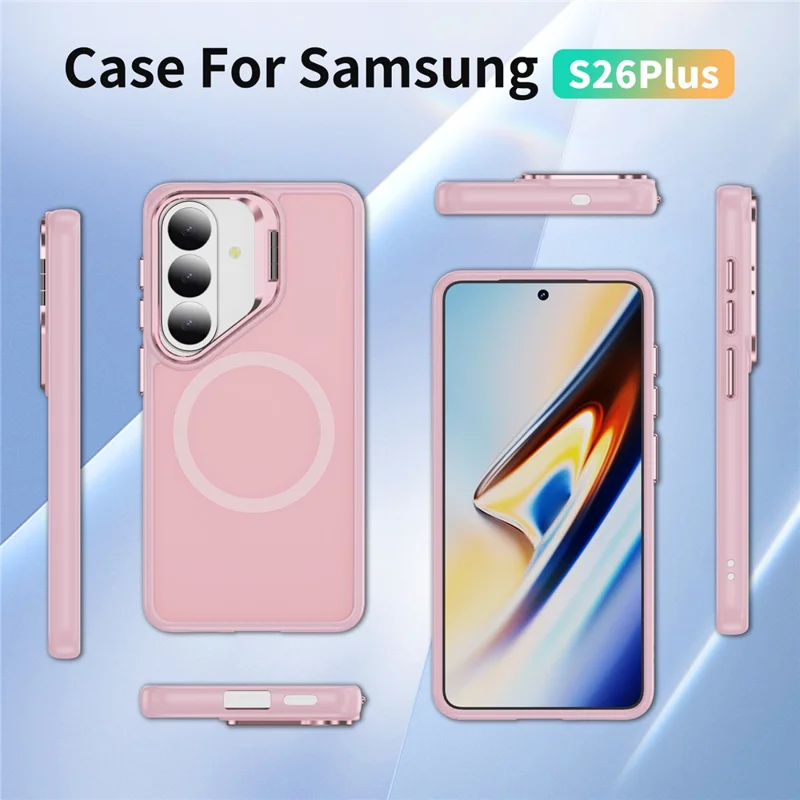 For Samsung Galaxy S26+ Magnetic Case with Lens Kickstand Skin-Touch PC + TPU Phone Cover - Transparent Pink