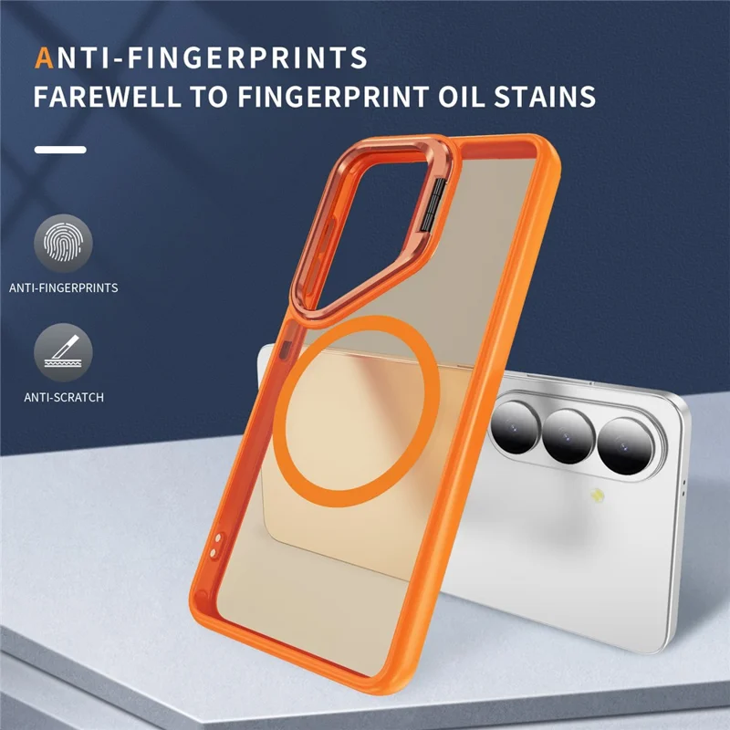 For Samsung Galaxy S26 Magnetic Case with Lens Kickstand Skin-Touch PC + TPU Phone Cover - Orange