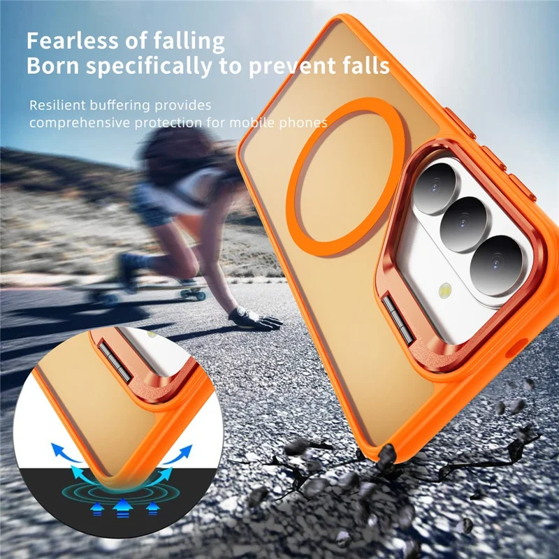 For Samsung Galaxy S26 Magnetic Case with Lens Kickstand Skin-Touch PC + TPU Phone Cover - Orange