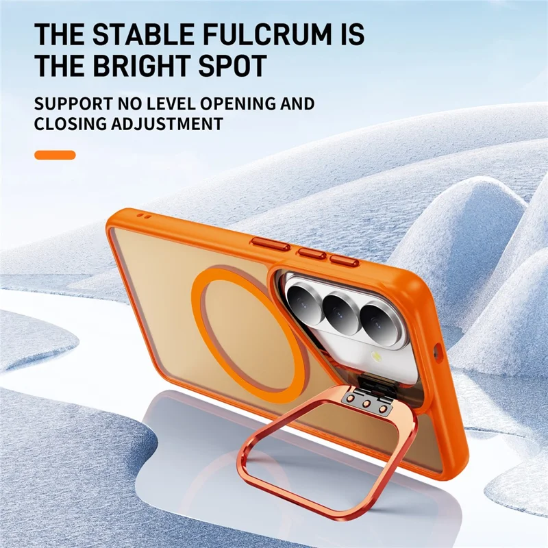For Samsung Galaxy S26 Magnetic Case with Lens Kickstand Skin-Touch PC + TPU Phone Cover - Orange