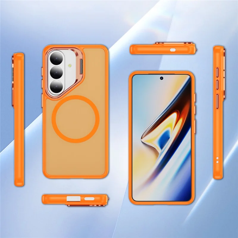 For Samsung Galaxy S26 Magnetic Case with Lens Kickstand Skin-Touch PC + TPU Phone Cover - Orange