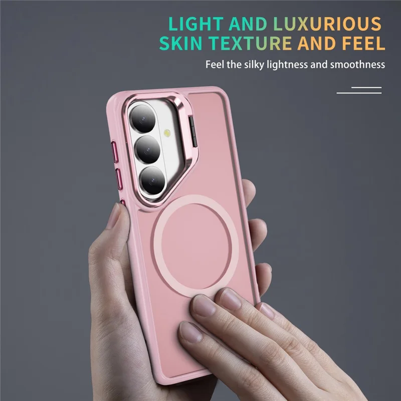 For Samsung Galaxy S26 Magnetic Case with Lens Kickstand Skin-Touch PC + TPU Phone Cover - Transparent Pink