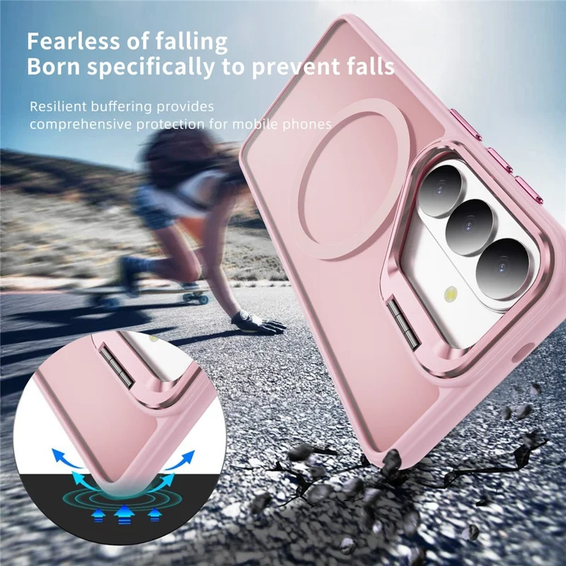 For Samsung Galaxy S26 Magnetic Case with Lens Kickstand Skin-Touch PC + TPU Phone Cover - Transparent Pink