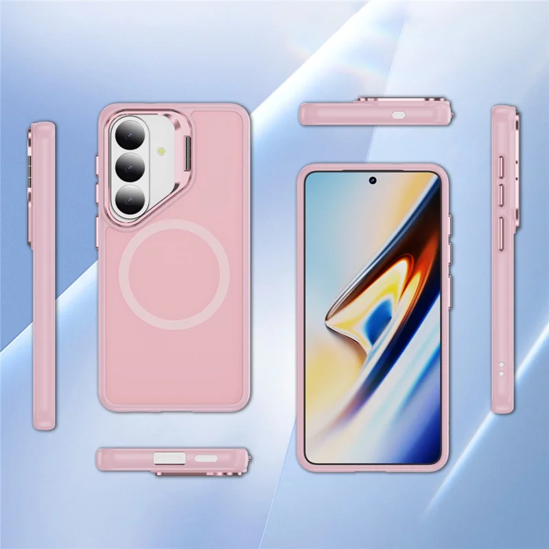 For Samsung Galaxy S26 Magnetic Case with Lens Kickstand Skin-Touch PC + TPU Phone Cover - Transparent Pink