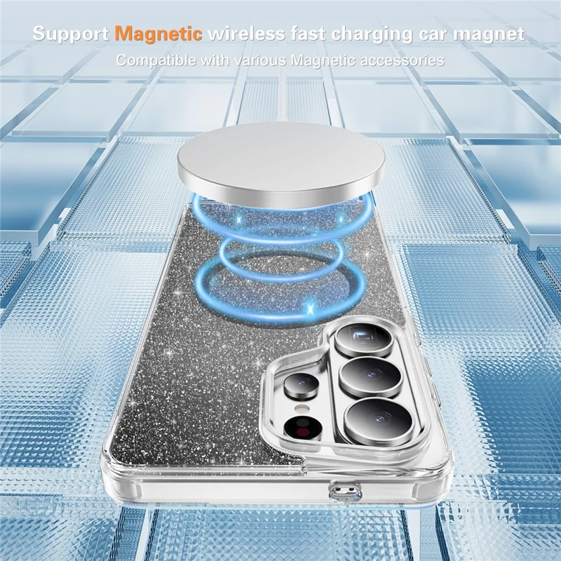 For Samsung Galaxy S26 Ultra Glitter Magnetic Case Crystal Clear PC TPU Shockproof Phone Cover - Black