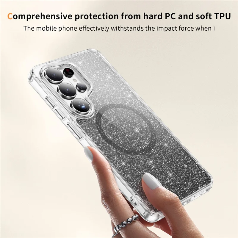 For Samsung Galaxy S26 Ultra Glitter Magnetic Case Crystal Clear PC TPU Shockproof Phone Cover - Black