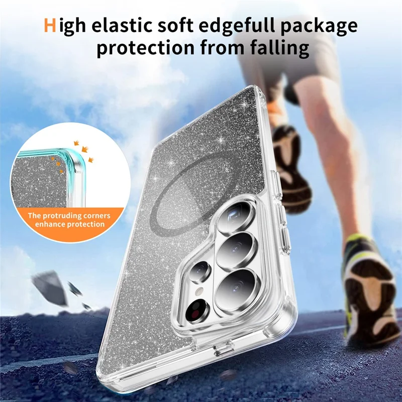 For Samsung Galaxy S26 Ultra Glitter Magnetic Case Crystal Clear PC TPU Shockproof Phone Cover - Black