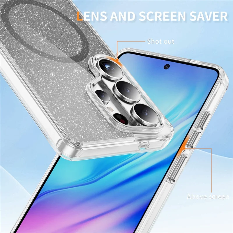 For Samsung Galaxy S26 Ultra Glitter Magnetic Case Crystal Clear PC TPU Shockproof Phone Cover - Black