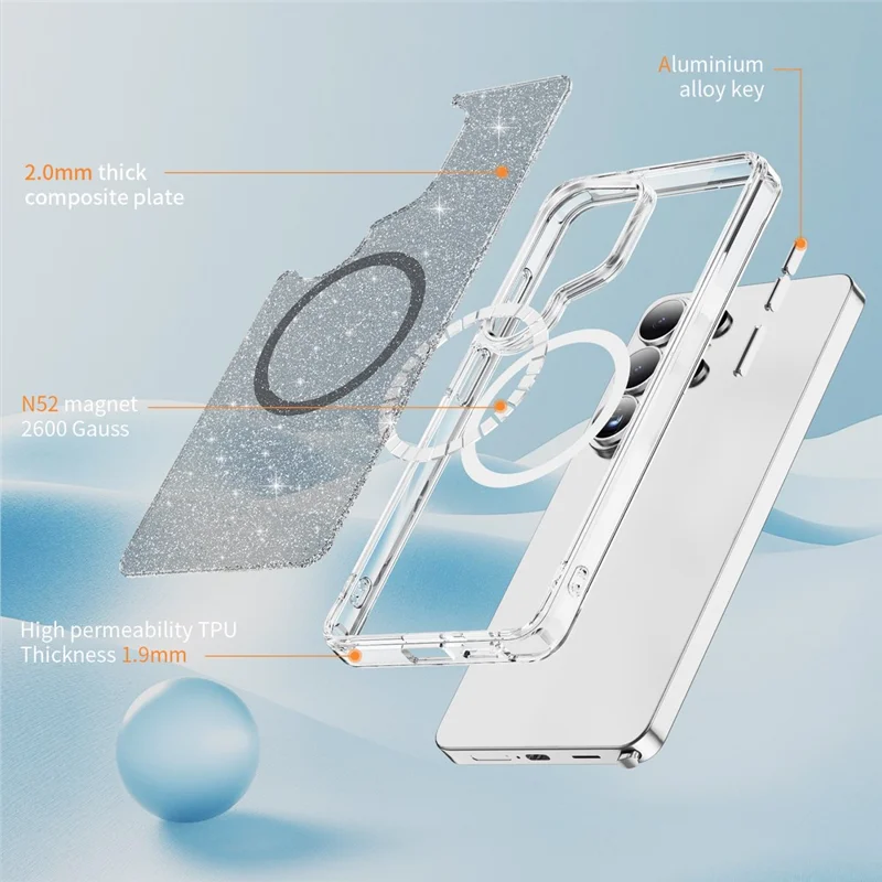 For Samsung Galaxy S26 Ultra Glitter Magnetic Case Crystal Clear PC TPU Shockproof Phone Cover - Black