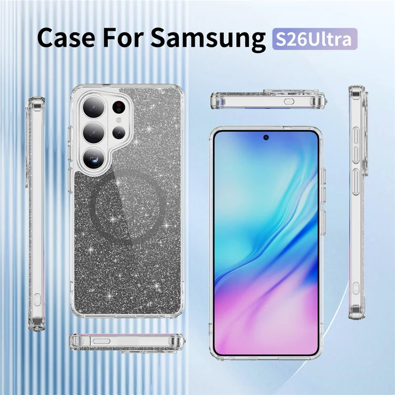 For Samsung Galaxy S26 Ultra Glitter Magnetic Case Crystal Clear PC TPU Shockproof Phone Cover - Black