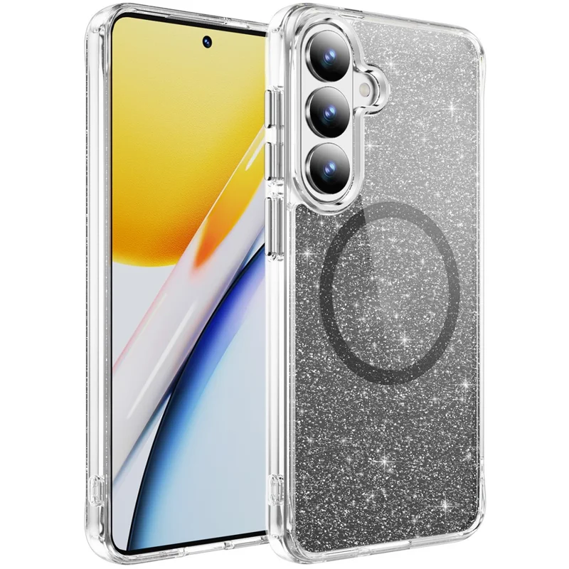 For Samsung Galaxy S26+ Glitter Magnetic Case Crystal Clear PC TPU Shockproof Phone Cover - Black