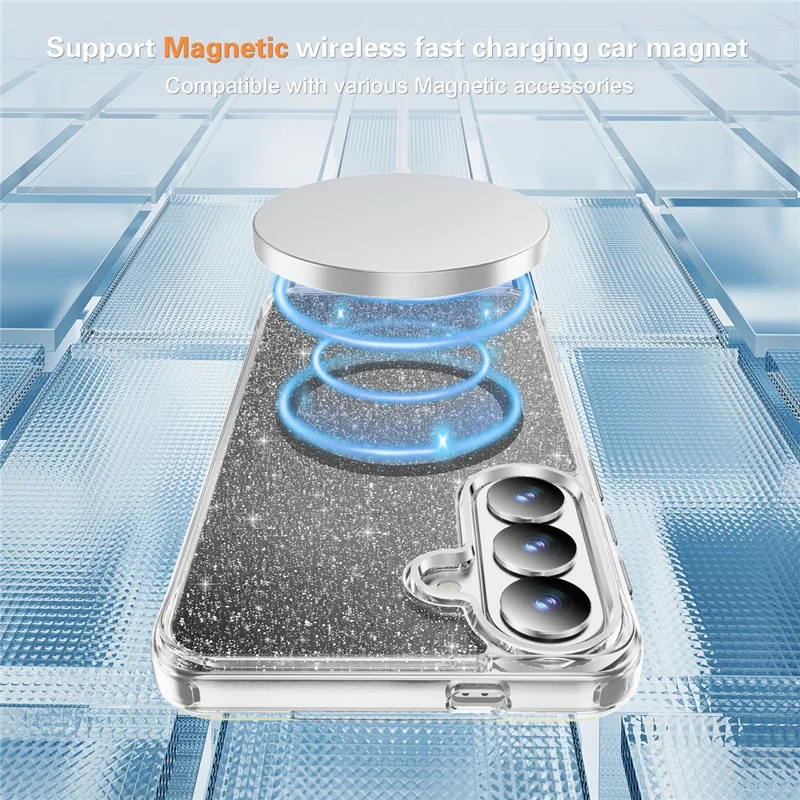 For Samsung Galaxy S26+ Glitter Magnetic Case Crystal Clear PC TPU Shockproof Phone Cover - Black