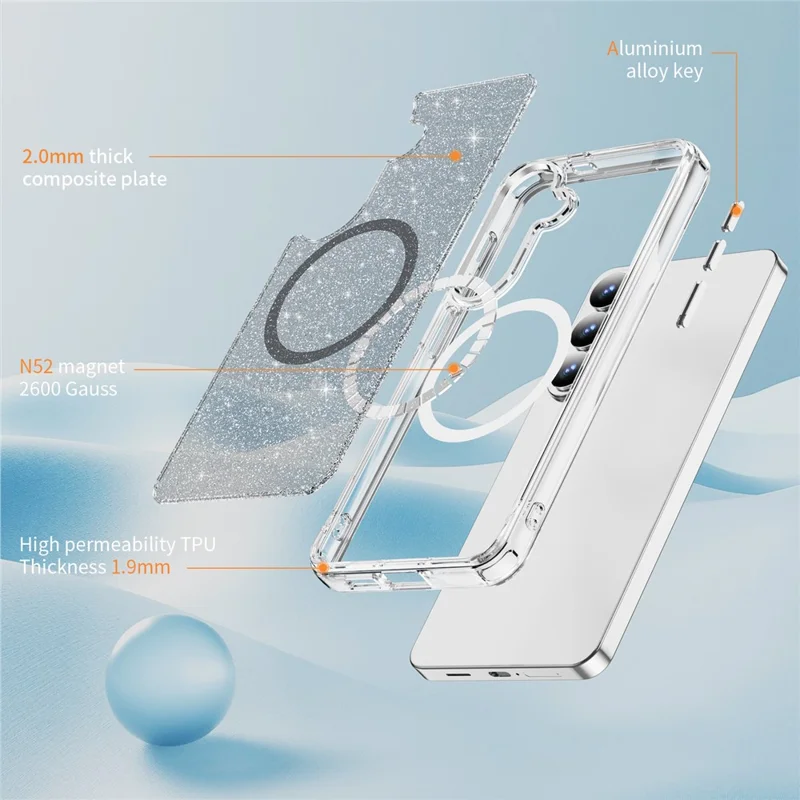 For Samsung Galaxy S26+ Glitter Magnetic Case Crystal Clear PC TPU Shockproof Phone Cover - Black