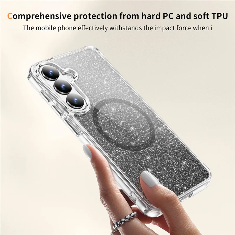 For Samsung Galaxy S26 Glitter Magnetic Case Crystal Clear PC TPU Shockproof Phone Cover - Black