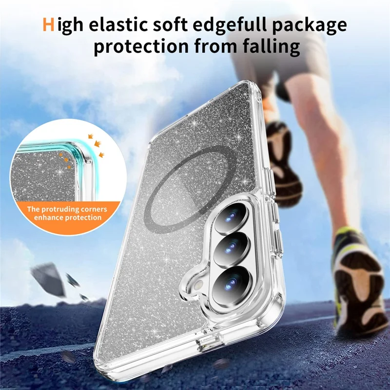 For Samsung Galaxy S26 Glitter Magnetic Case Crystal Clear PC TPU Shockproof Phone Cover - Black