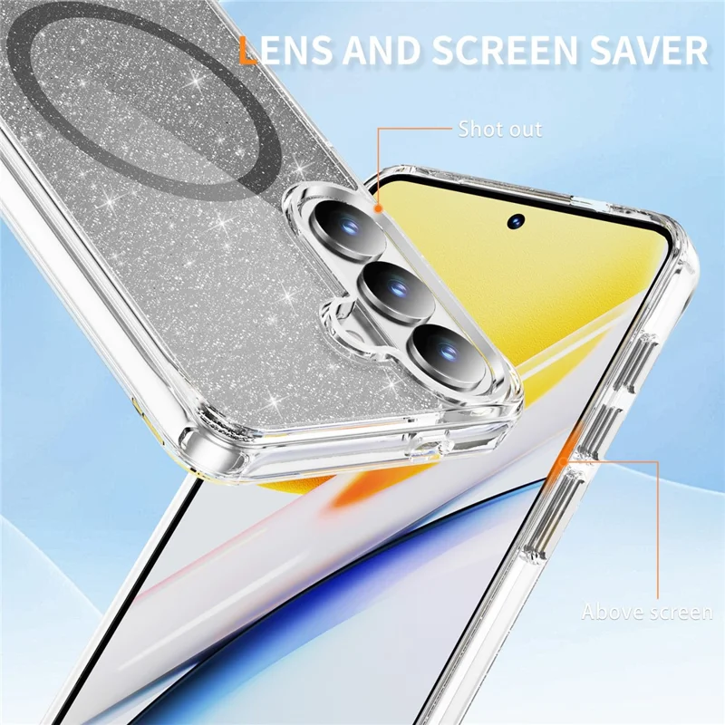 For Samsung Galaxy S26 Glitter Magnetic Case Crystal Clear PC TPU Shockproof Phone Cover - Black