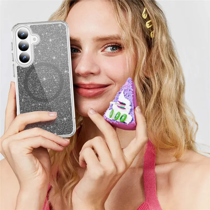 For Samsung Galaxy S26 Glitter Magnetic Case Crystal Clear PC TPU Shockproof Phone Cover - Black