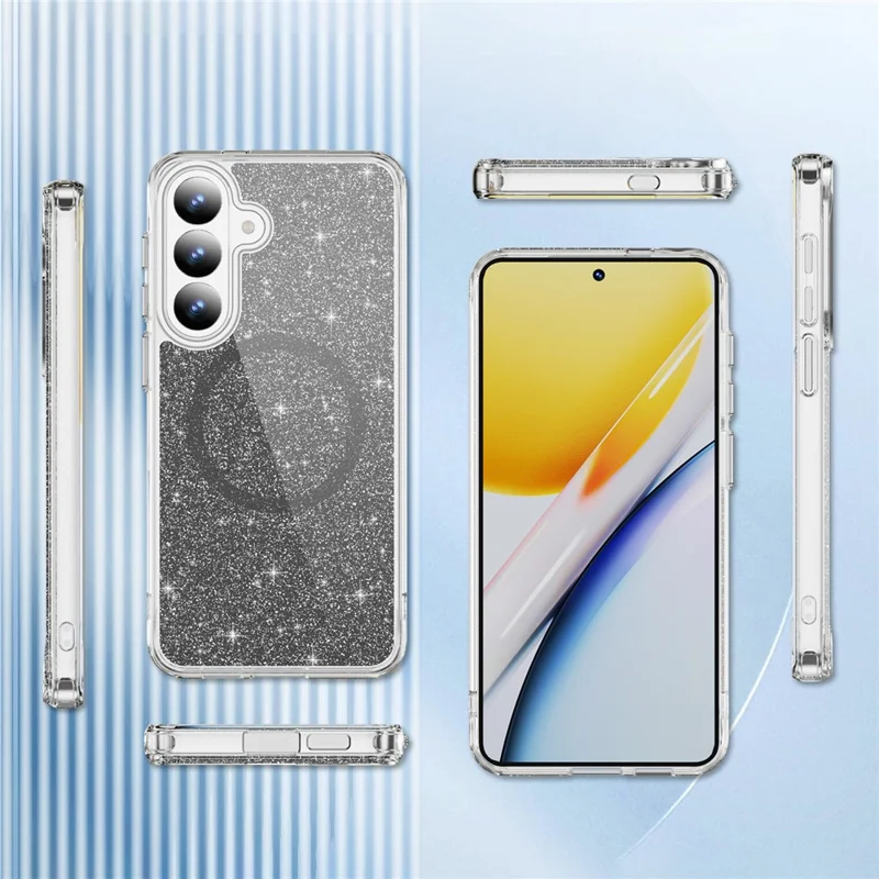 For Samsung Galaxy S26 Glitter Magnetic Case Crystal Clear PC TPU Shockproof Phone Cover - Black