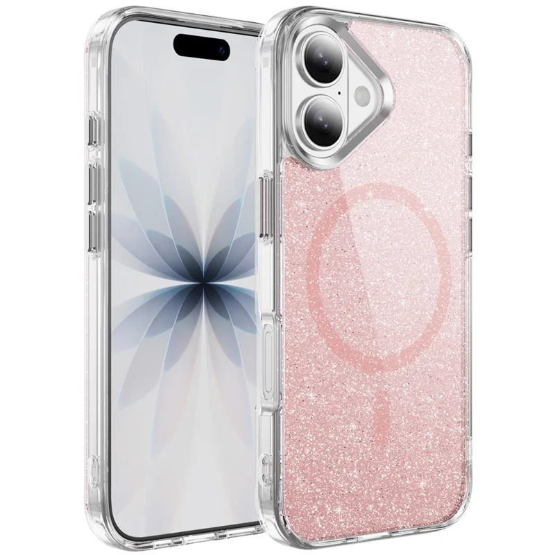 For iPhone 17 Glitter Magnetic Case Crystal Clear PC TPU Shockproof Phone Cover - Pink
