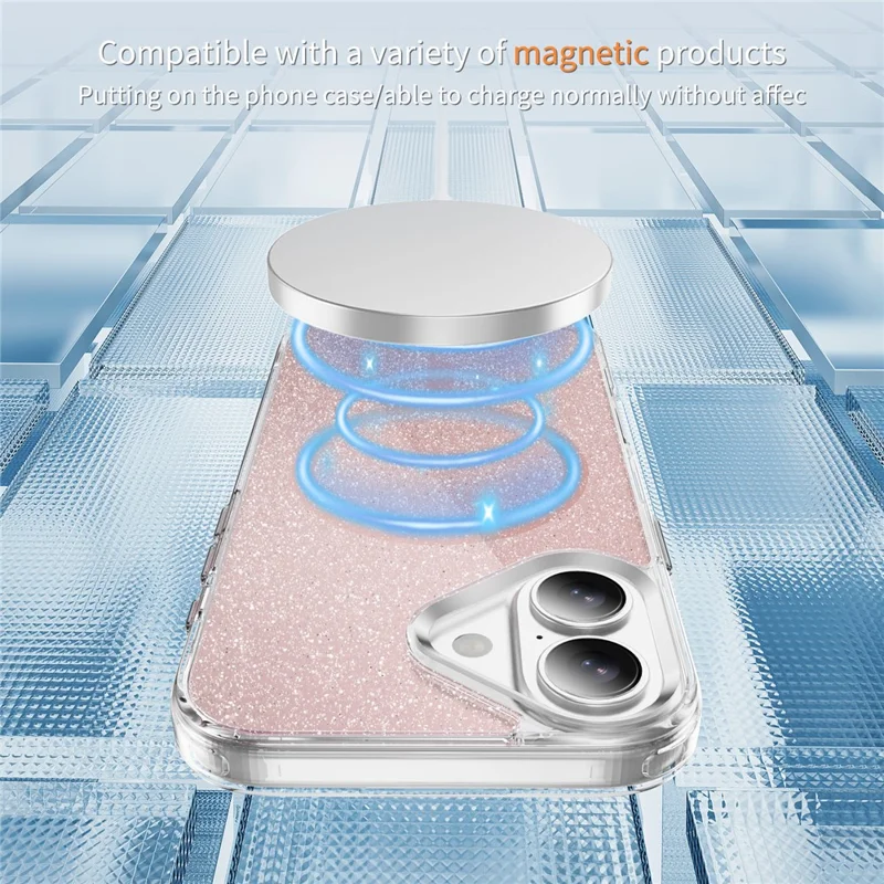 For iPhone 17 Glitter Magnetic Case Crystal Clear PC TPU Shockproof Phone Cover - Pink