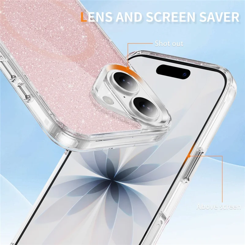 For iPhone 17 Glitter Magnetic Case Crystal Clear PC TPU Shockproof Phone Cover - Pink