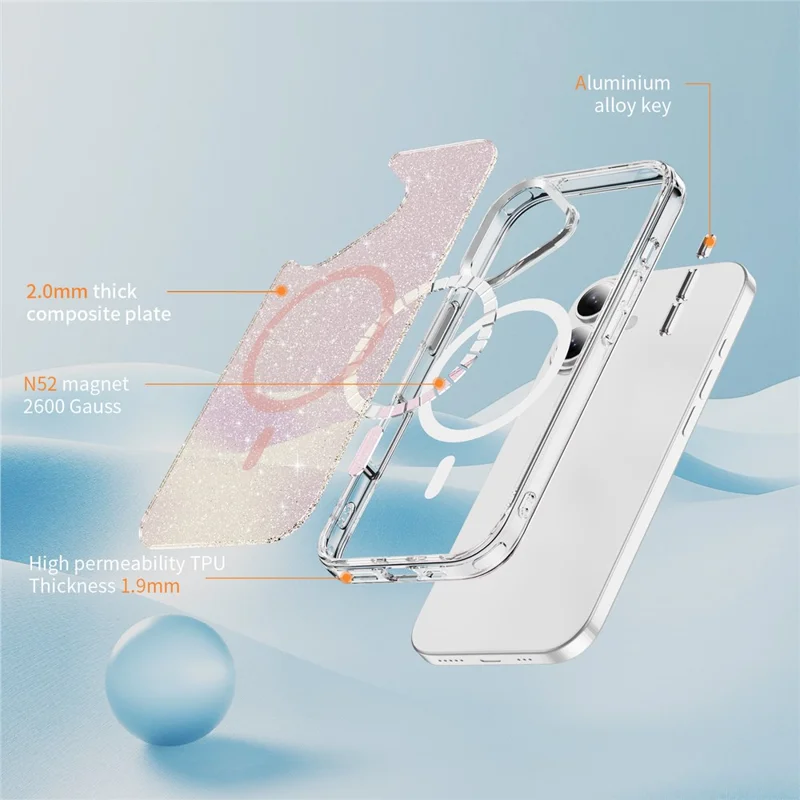 For iPhone 17 Glitter Magnetic Case Crystal Clear PC TPU Shockproof Phone Cover - Pink
