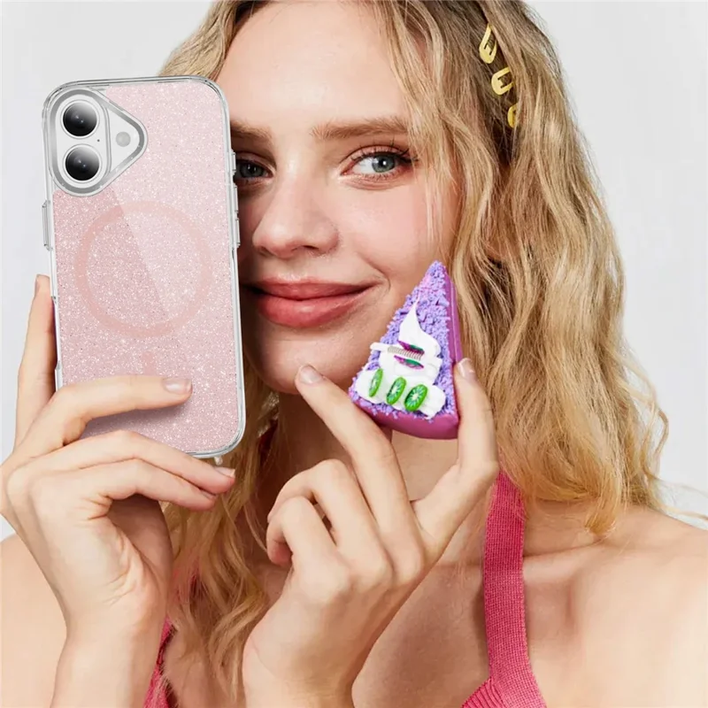 For iPhone 17 Glitter Magnetic Case Crystal Clear PC TPU Shockproof Phone Cover - Pink