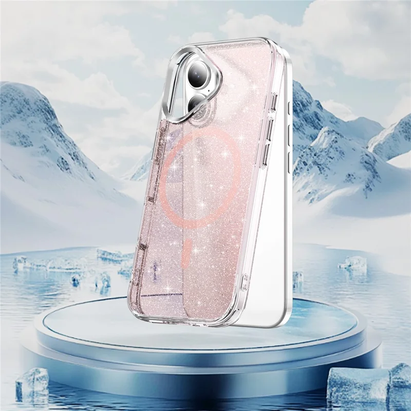 For iPhone 16 Glitter Magnetic Case Crystal Clear PC TPU Shockproof Phone Cover - Pink