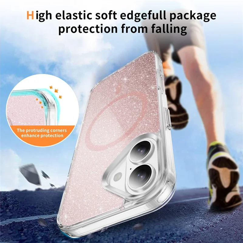 For iPhone 16 Glitter Magnetic Case Crystal Clear PC TPU Shockproof Phone Cover - Pink