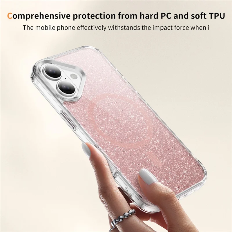 For iPhone 16 Glitter Magnetic Case Crystal Clear PC TPU Shockproof Phone Cover - Pink