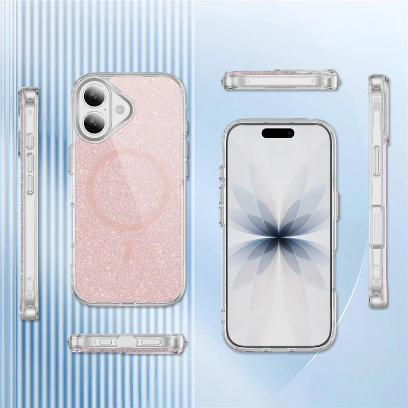 For iPhone 16 Glitter Magnetic Case Crystal Clear PC TPU Shockproof Phone Cover - Pink