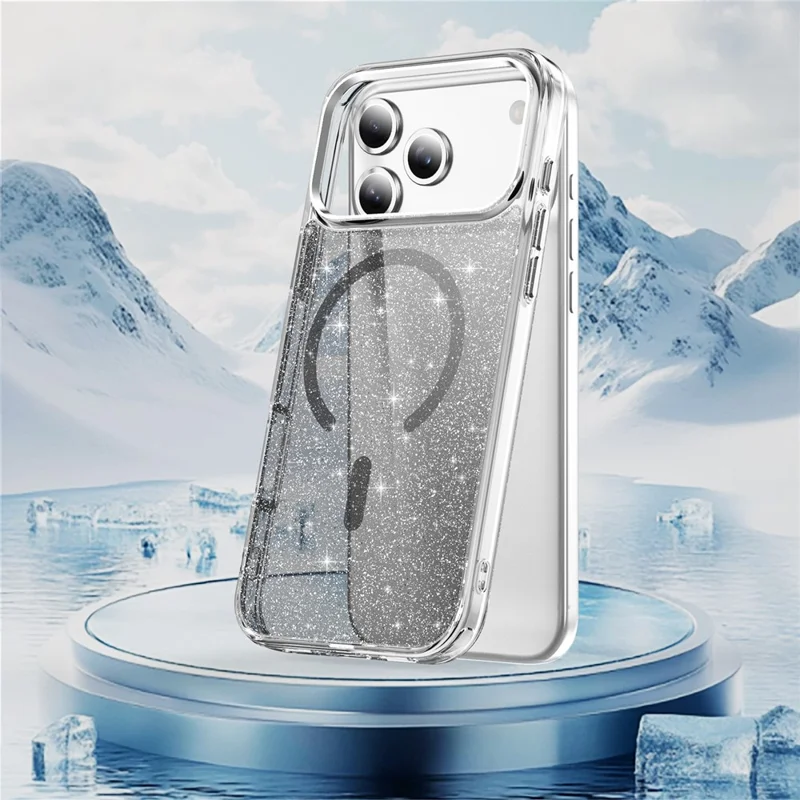 For iPhone 17 Pro Glitter Magnetic Case Crystal Clear PC TPU Shockproof Phone Cover - Black