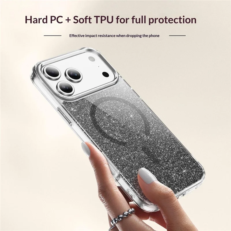 For iPhone 17 Pro Glitter Magnetic Case Crystal Clear PC TPU Shockproof Phone Cover - Black