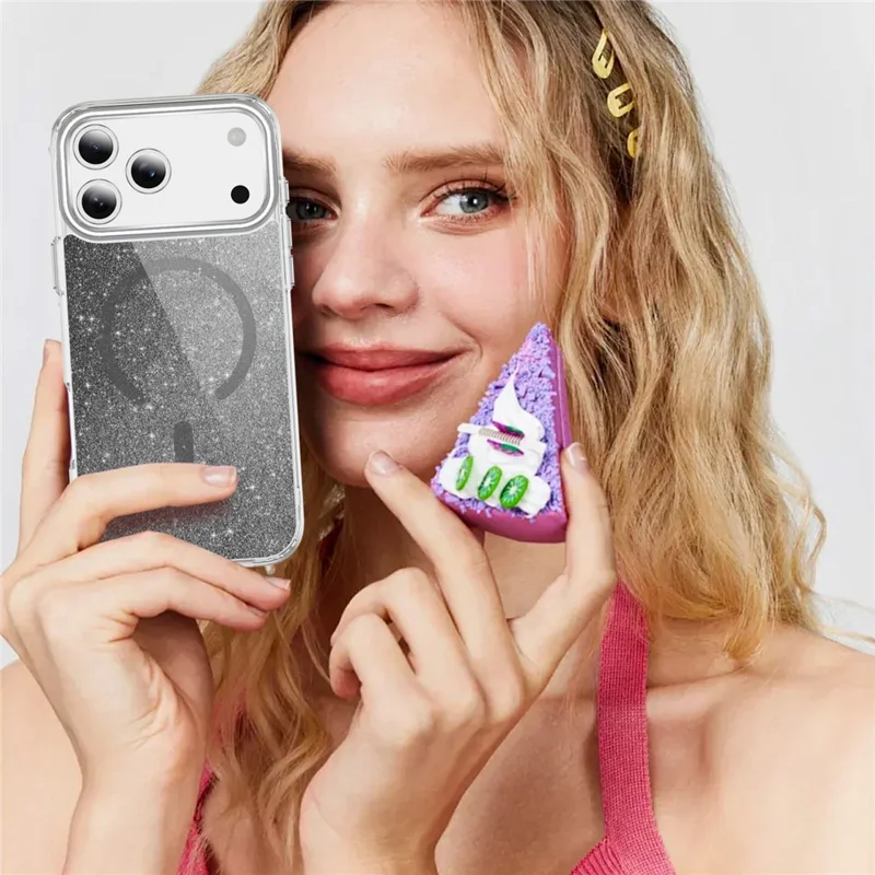 For iPhone 17 Pro Glitter Magnetic Case Crystal Clear PC TPU Shockproof Phone Cover - Black