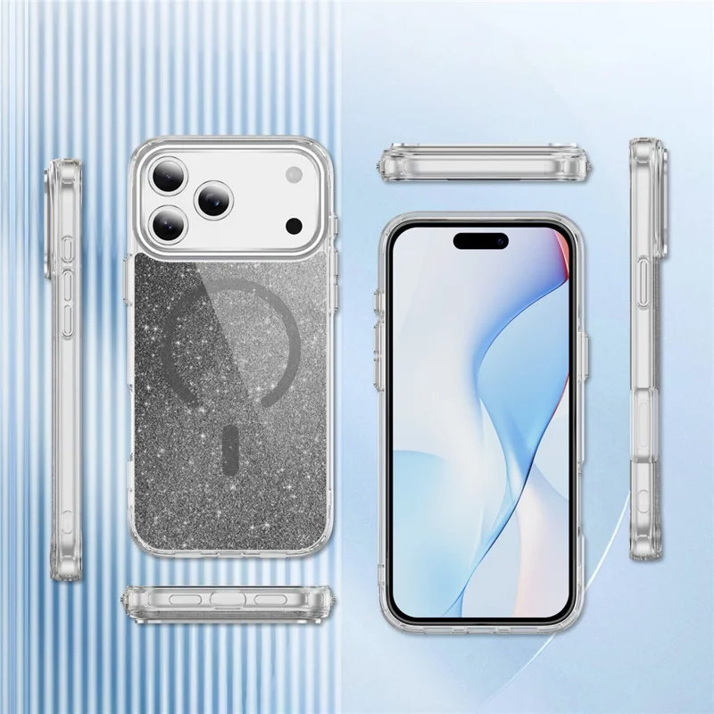 For iPhone 17 Pro Glitter Magnetic Case Crystal Clear PC TPU Shockproof Phone Cover - Black