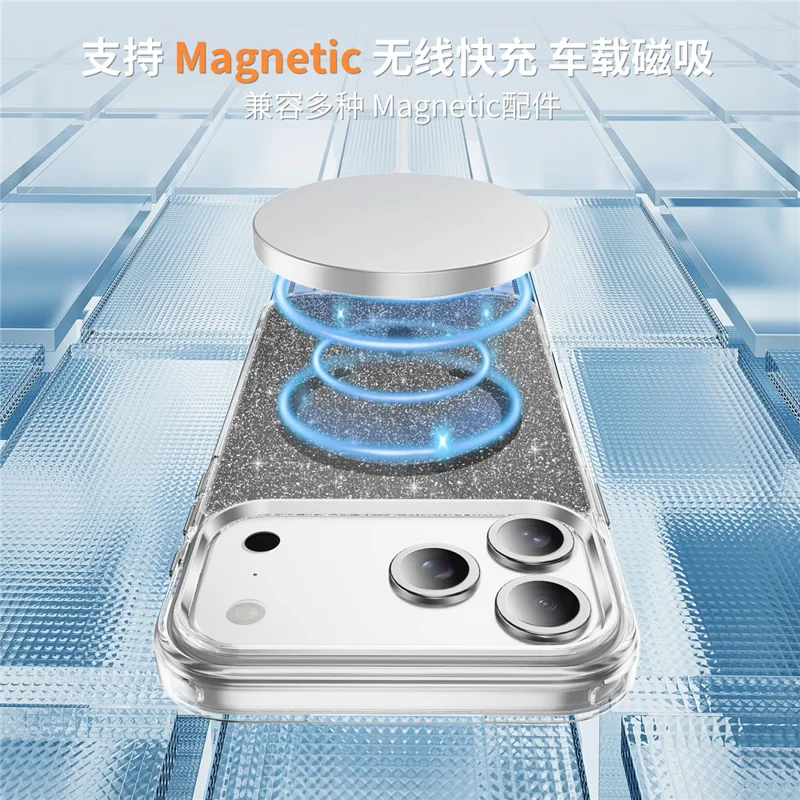 For iPhone 17 Pro Max Glitter Magnetic Case Crystal Clear PC TPU Shockproof Phone Cover - Black