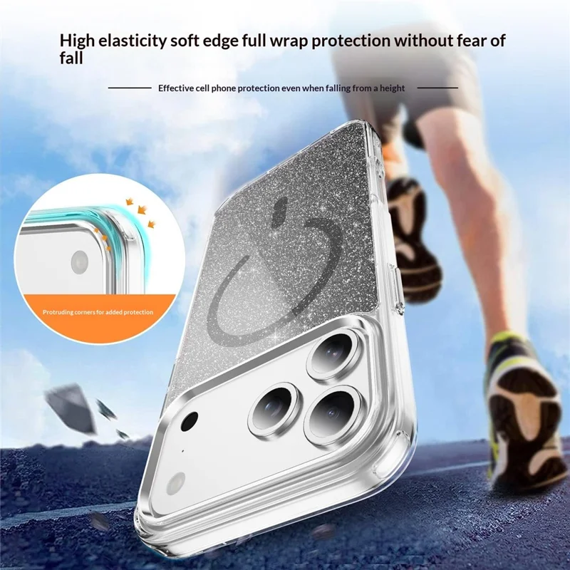 For iPhone 17 Pro Max Glitter Magnetic Case Crystal Clear PC TPU Shockproof Phone Cover - Black