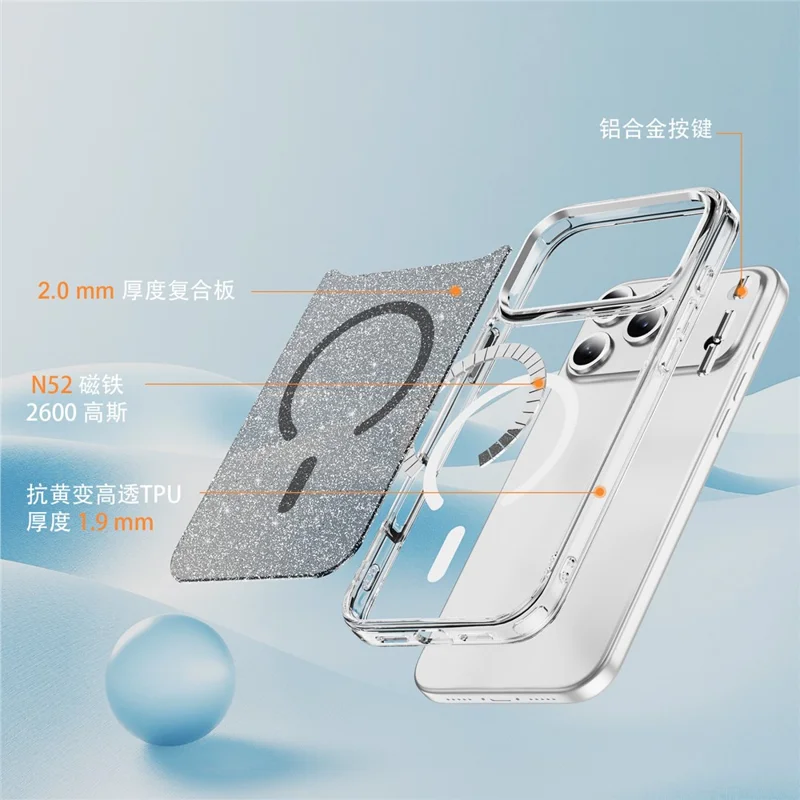 For iPhone 17 Pro Max Glitter Magnetic Case Crystal Clear PC TPU Shockproof Phone Cover - Black