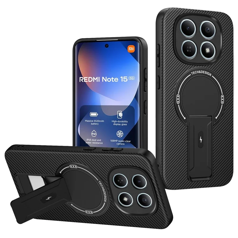 Phone Case For Xiaomi Poco M8 5G  /  Redmi Note 15 5G (Global) Carbon Fiber Texture PC + TPU Phone Cover with Kickstand - Black