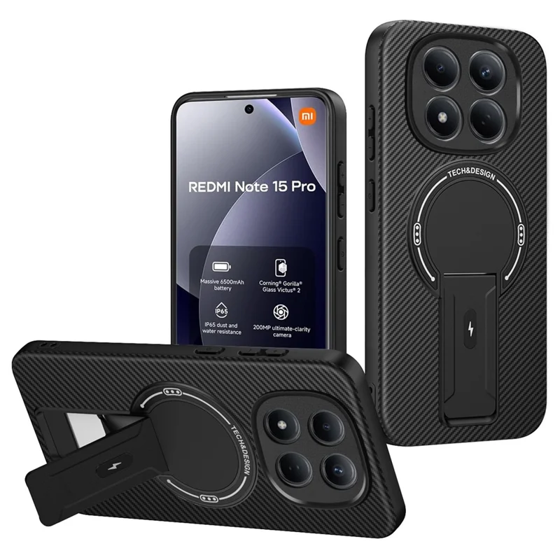 For Xiaomi Redmi Note 15 Pro 5G (Global) Case Carbon Fiber Texture PC + TPU Phone Cover with Kickstand - Black