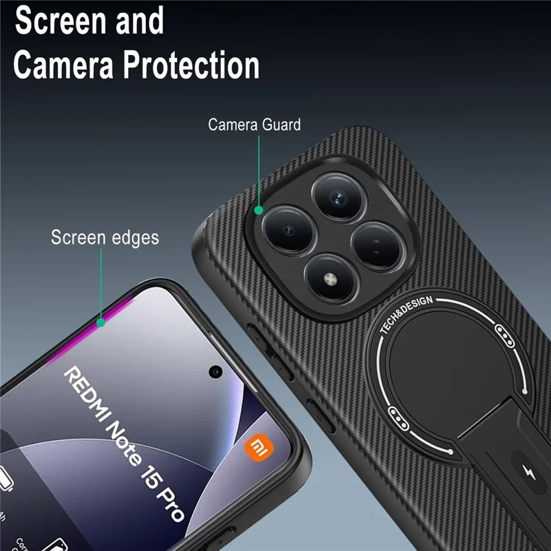 For Xiaomi Redmi Note 15 Pro 5G (Global) Case Carbon Fiber Texture PC + TPU Phone Cover with Kickstand - Black