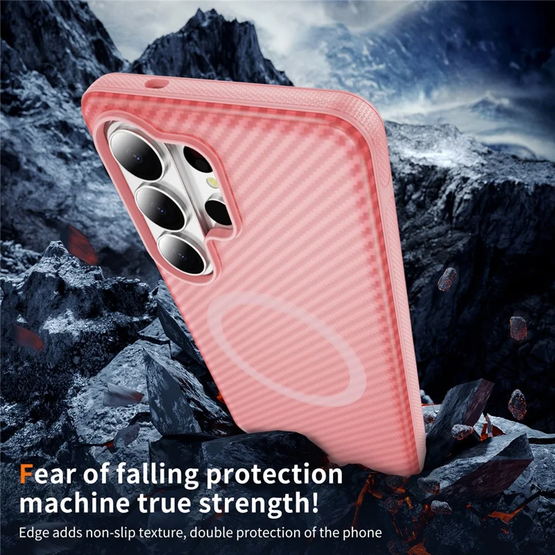 For Samsung Galaxy S26 Ultra Magnetic Phone Case Carbon Fiber Texture PC TPU Back Cover - Pink