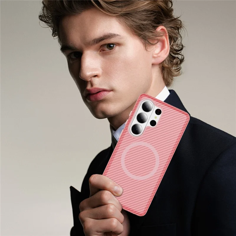For Samsung Galaxy S26 Ultra Magnetic Phone Case Carbon Fiber Texture PC TPU Back Cover - Pink