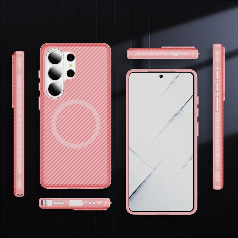 For Samsung Galaxy S25 Ultra Magnetic Phone Case Carbon Fiber Texture PC TPU Back Cover - Pink