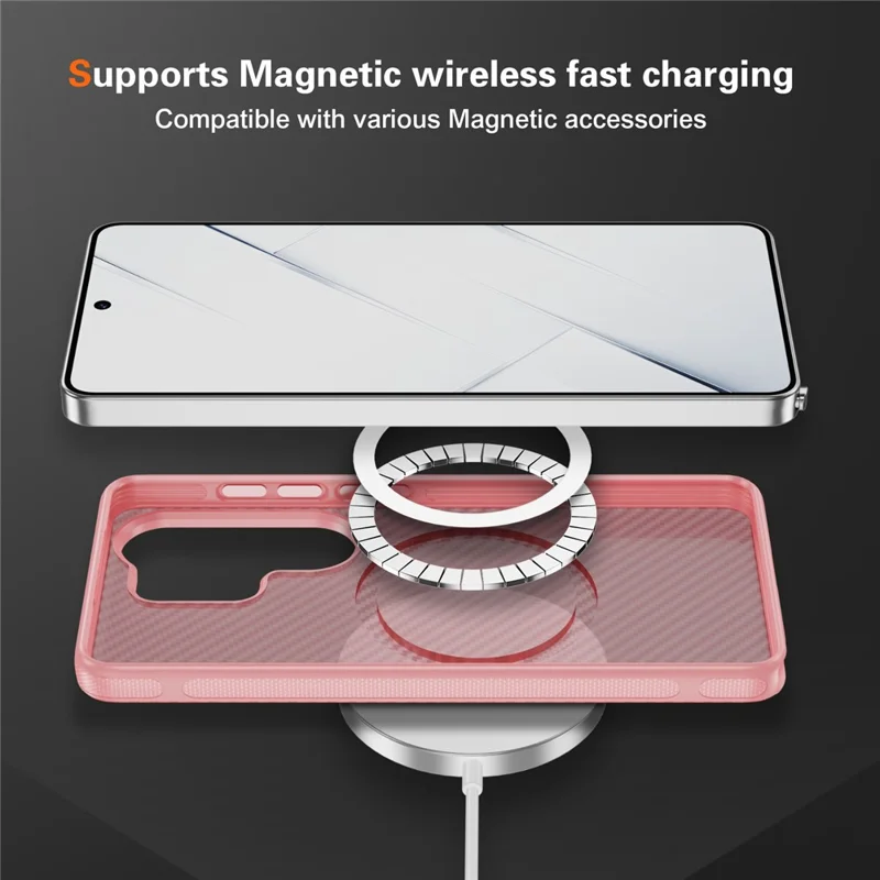 For Samsung Galaxy S25 Ultra Magnetic Phone Case Carbon Fiber Texture PC TPU Back Cover - Pink